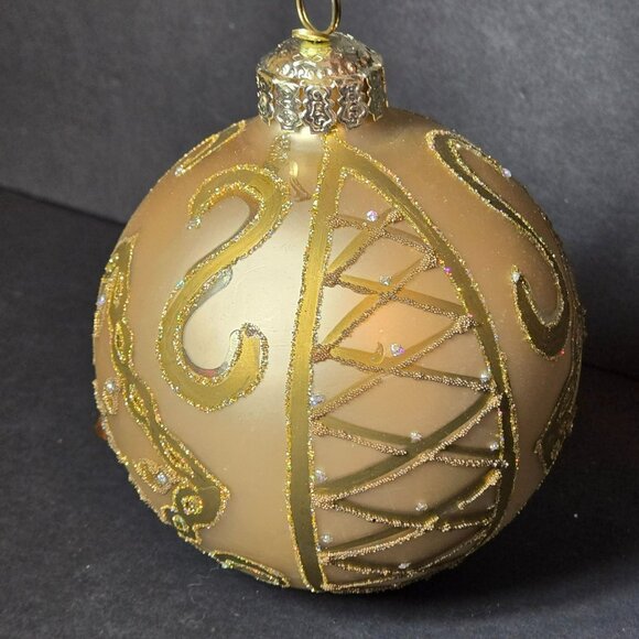 Frontgate Gold Glass Ornament Hand Decorated Swirls Gemstones Glitter 4 Inch - Picture 4 of 8